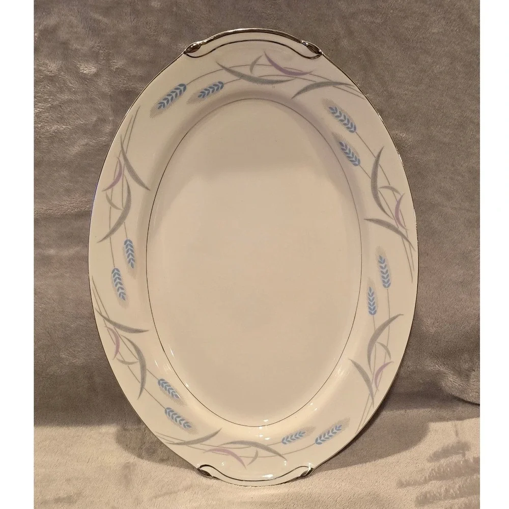 Valmont China Royal Wheat Oval Serving Platter Silver Trim Japan Blue Gray Wheat
